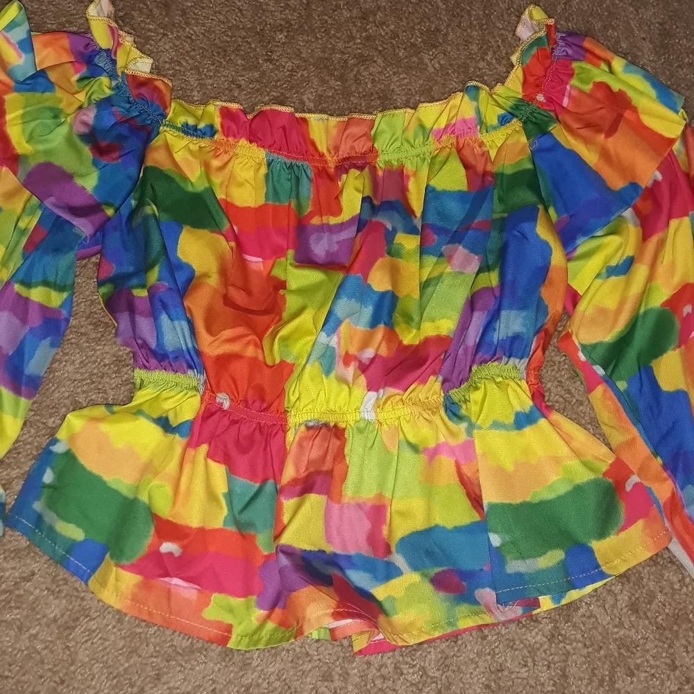 ChicMe (Size L) Colorful Off Shoulder Long Sleeve Crop Top - Picture 3 of 8